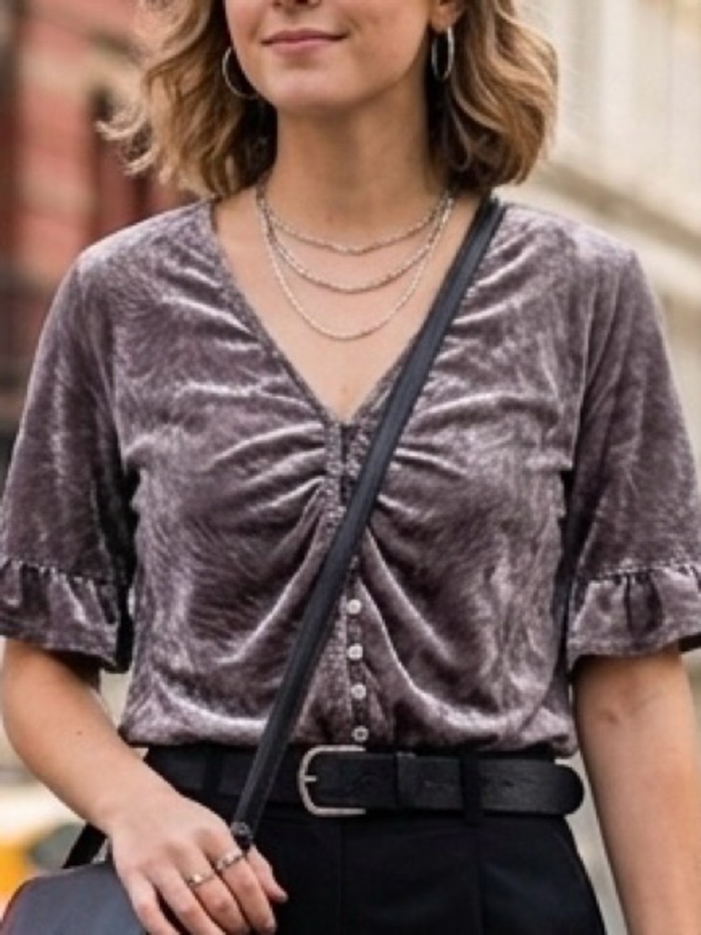 Madewell Grey Crushed Velvet Ruffle Sleeve Button Front Top 14 Boho Coquette Y2K